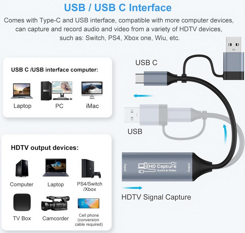 XinYaa Video Capture Card, HDMI to USB/USB-C Capture Card for Streaming, 1080P 60fps Video Capture Device for Game Recording, Compatible for Windows,Quest 3, Switch, OBS, PS4/PS5 - Image 2